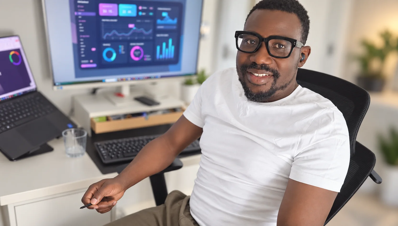 Adewale Omobayo at his desk, with a data dashboard on screen